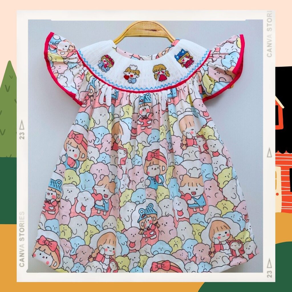 Smocked dress with cute girl motifs - SG153