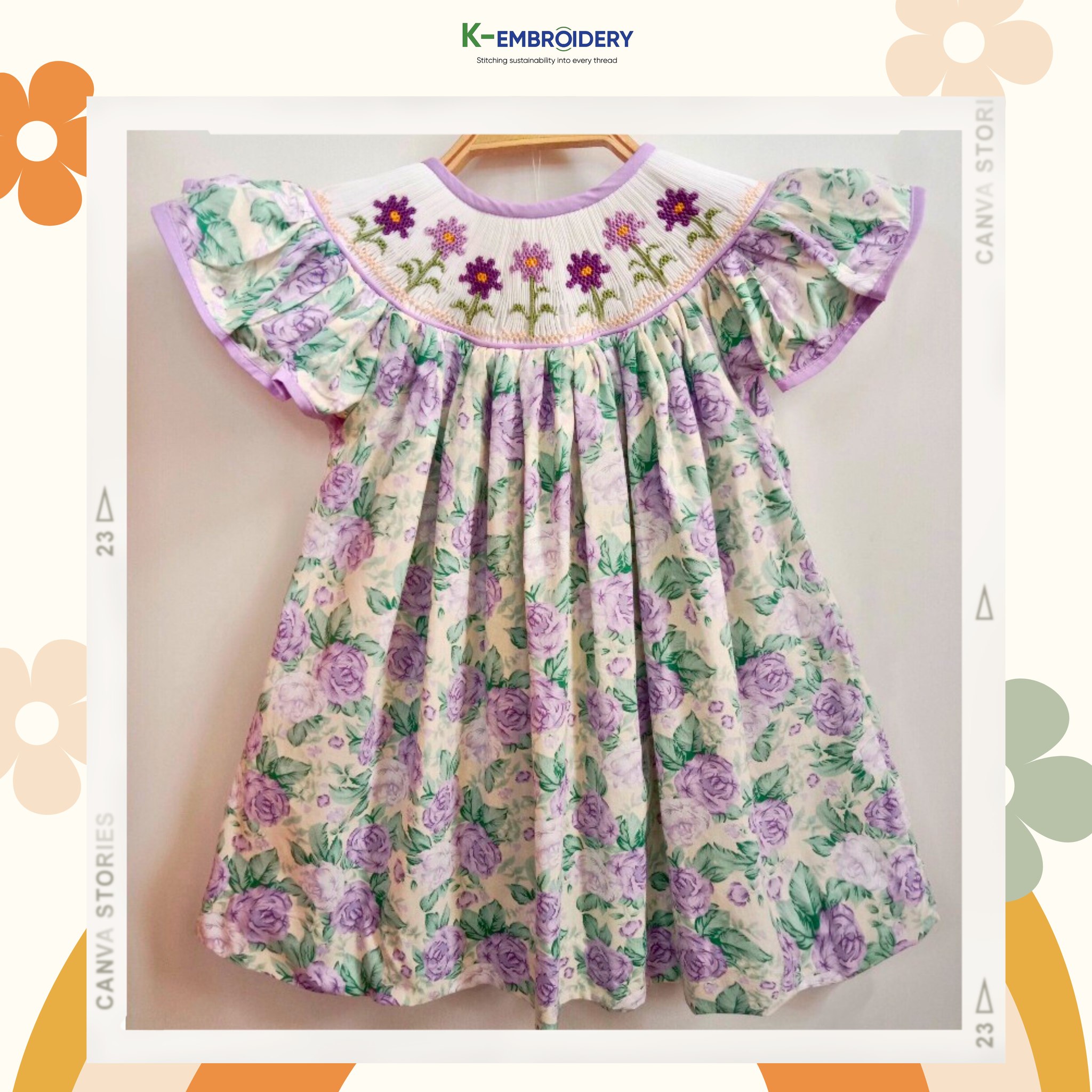 Bishop smocked dress with purple flower motifs - SG 194