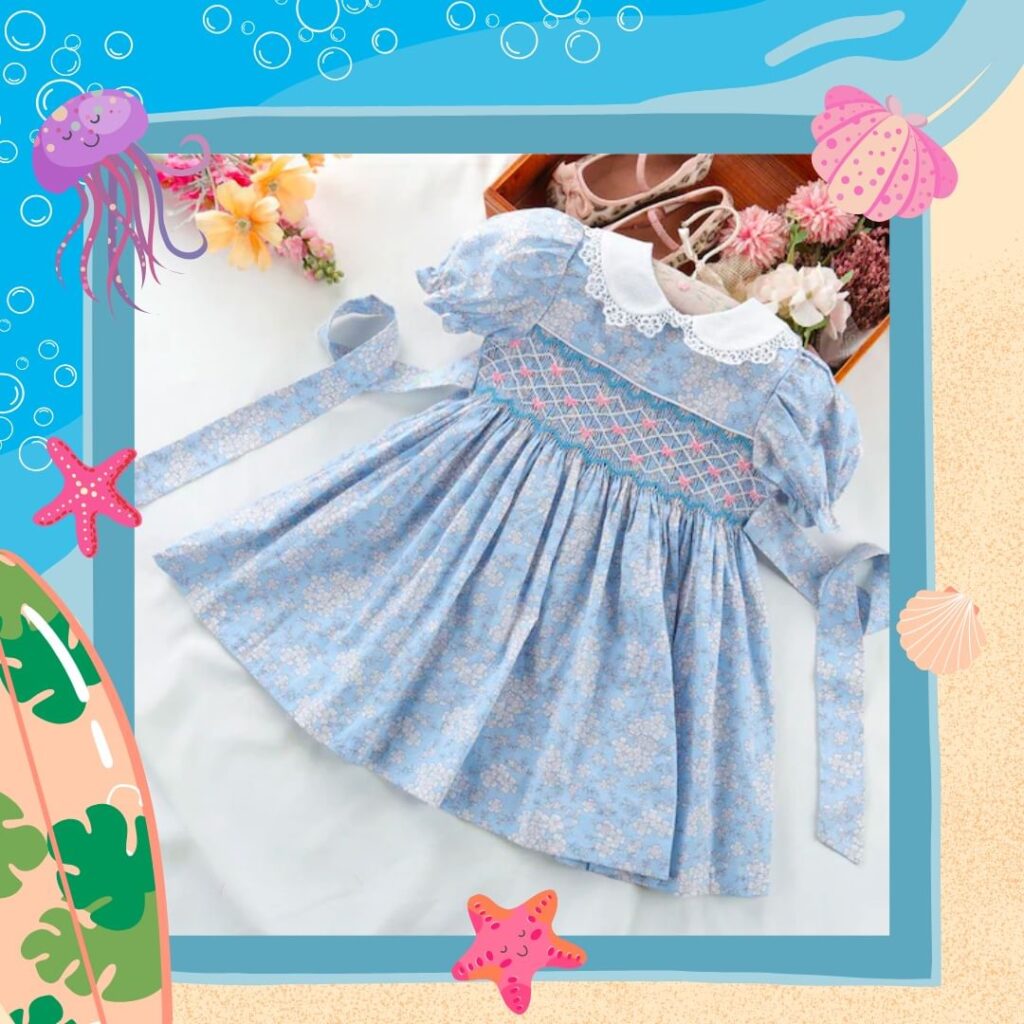 Blue smocked dress with crossed pattern