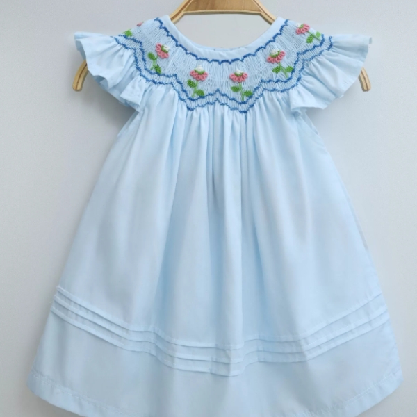 10 Trendy Styles Smocked Back to School Dress & Outfits 5 Blue dress with hand embroidered roses – SG072