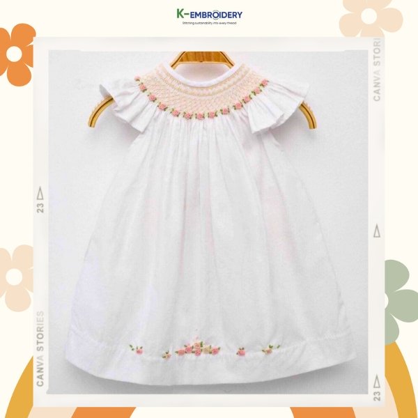 10 Trendy Styles Smocked Back to School Dress & Outfits 6 White bishop smocked dress with flower patterns – SG 198