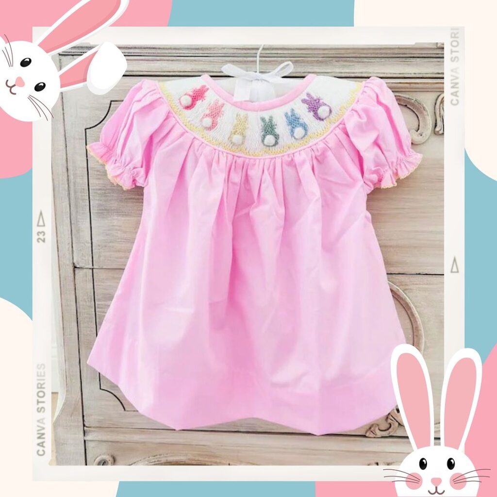 Pink Smocked Dress With Bunny Motifs SG 178 K Embroidery
