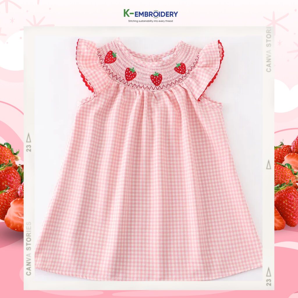 Pink strawberry checkered smocked dress - SG 192