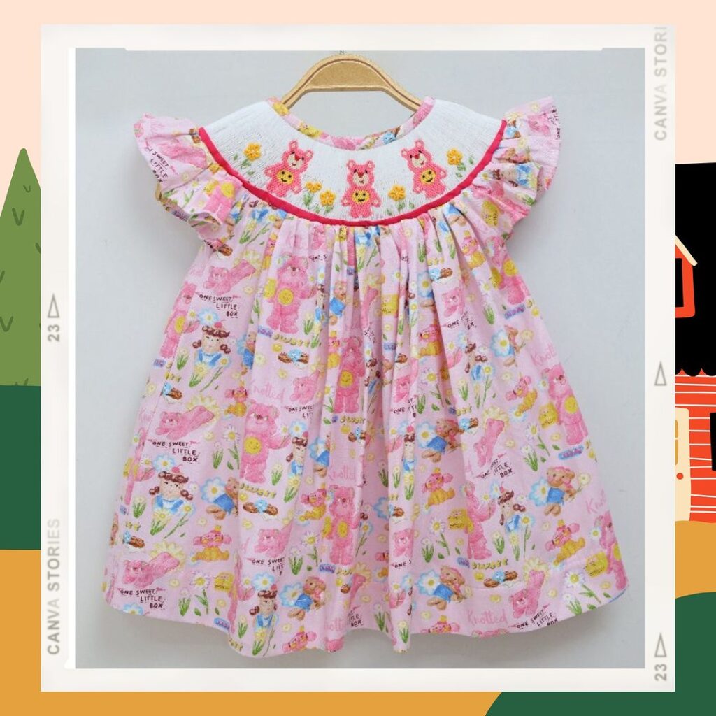 Smocked dress with adorable pink bear motifs - SG152