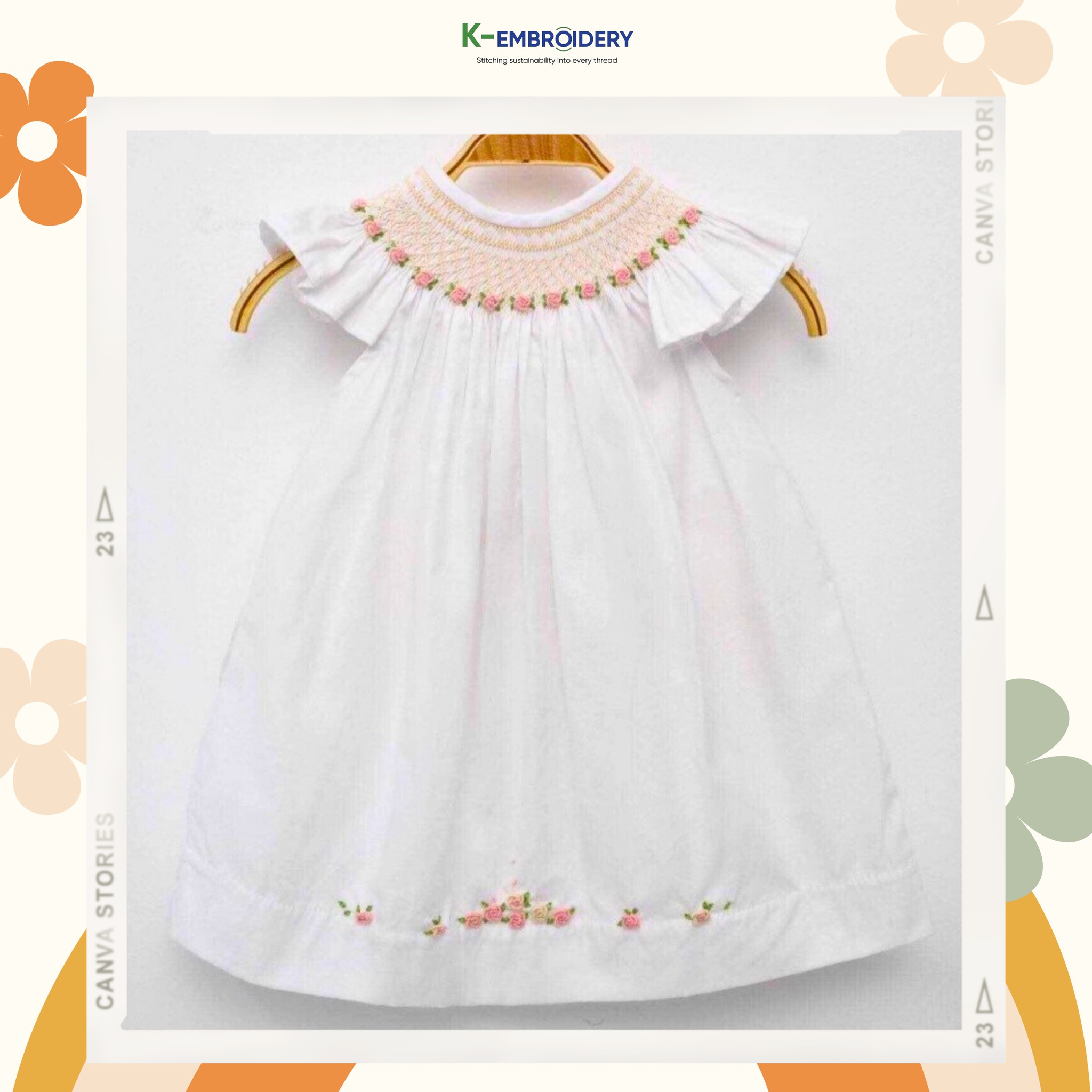 White bishop smocked dress with flower patterns - SG 198