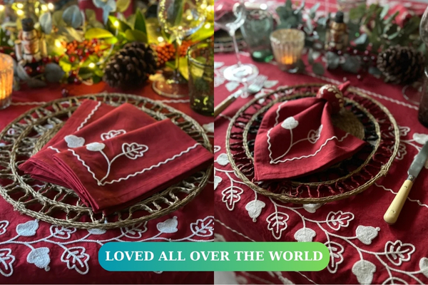 Red Acorn Hand Embroidered Tablecloth and Napkin