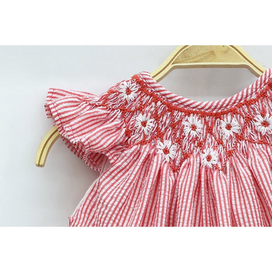 Red Stripes Smocked Dress with White Daisy Embroidery