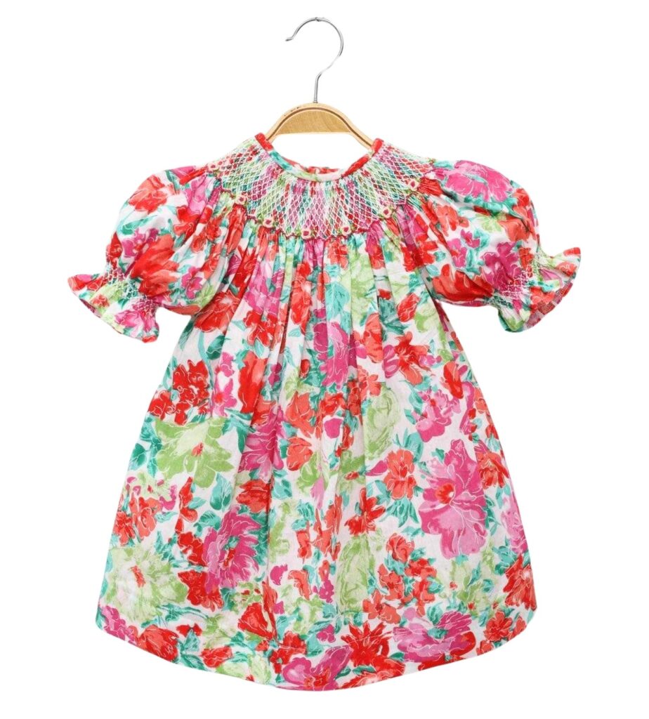 Geometric Smocked Dress With Bright Floral Pattern In Spring
