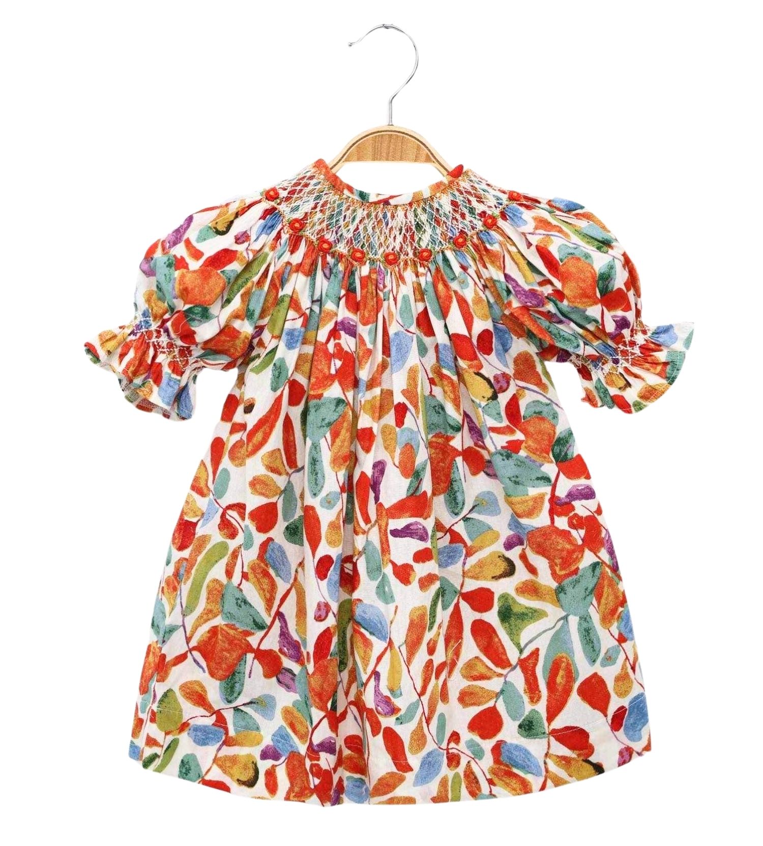 Smock Geometric Dress With a Brightly Colored Leaf Pattern