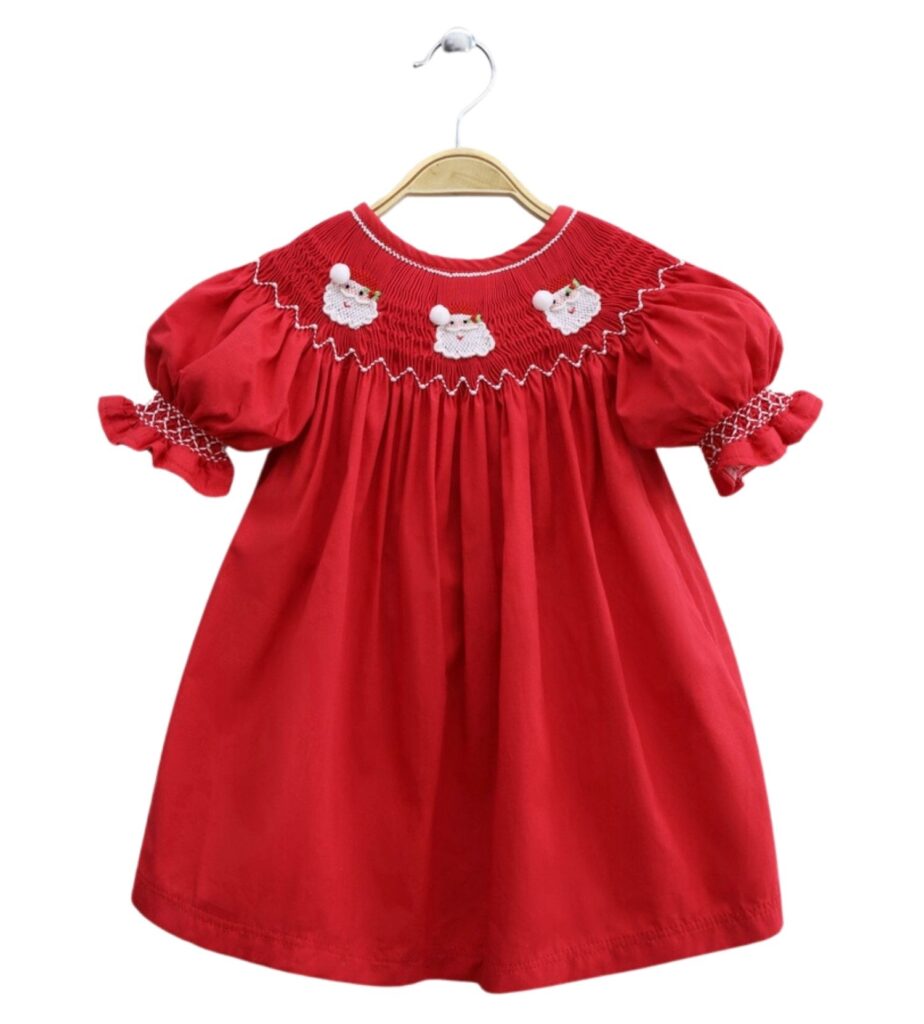 Smocked Red Bishop Dress with Santa Claus