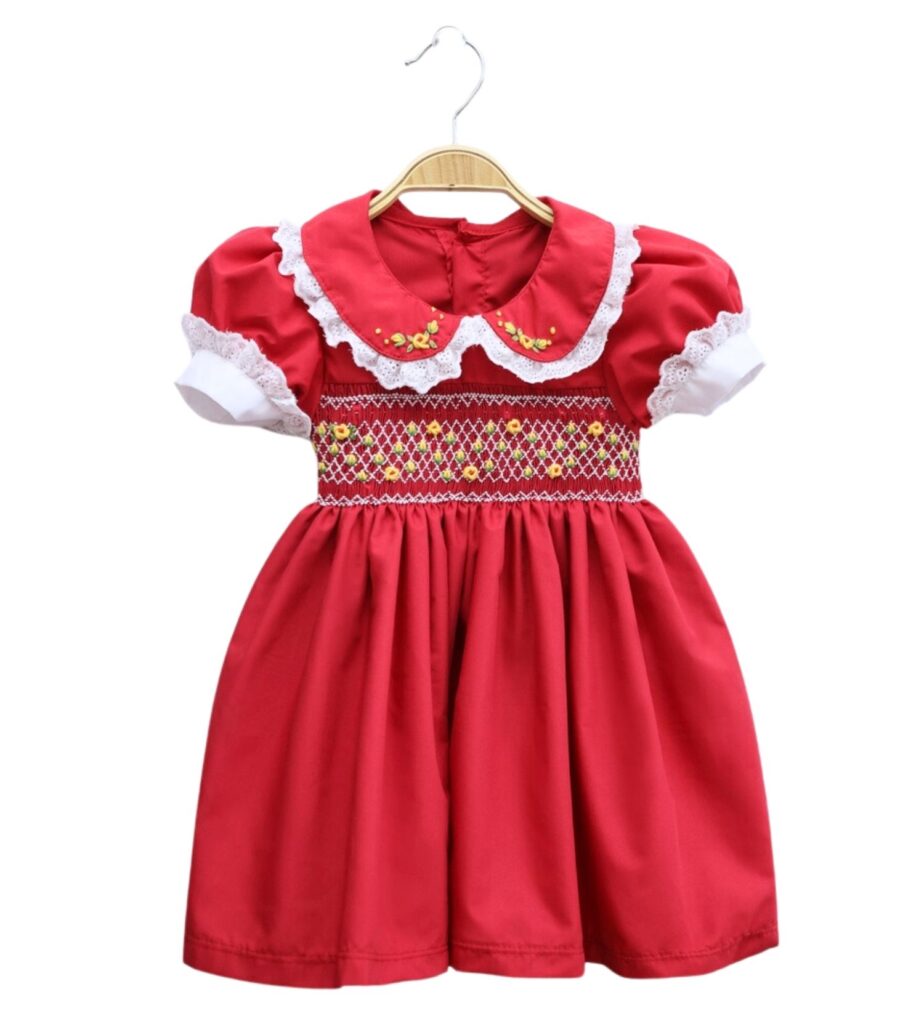 Endearing Red Smocked Geometric Dress