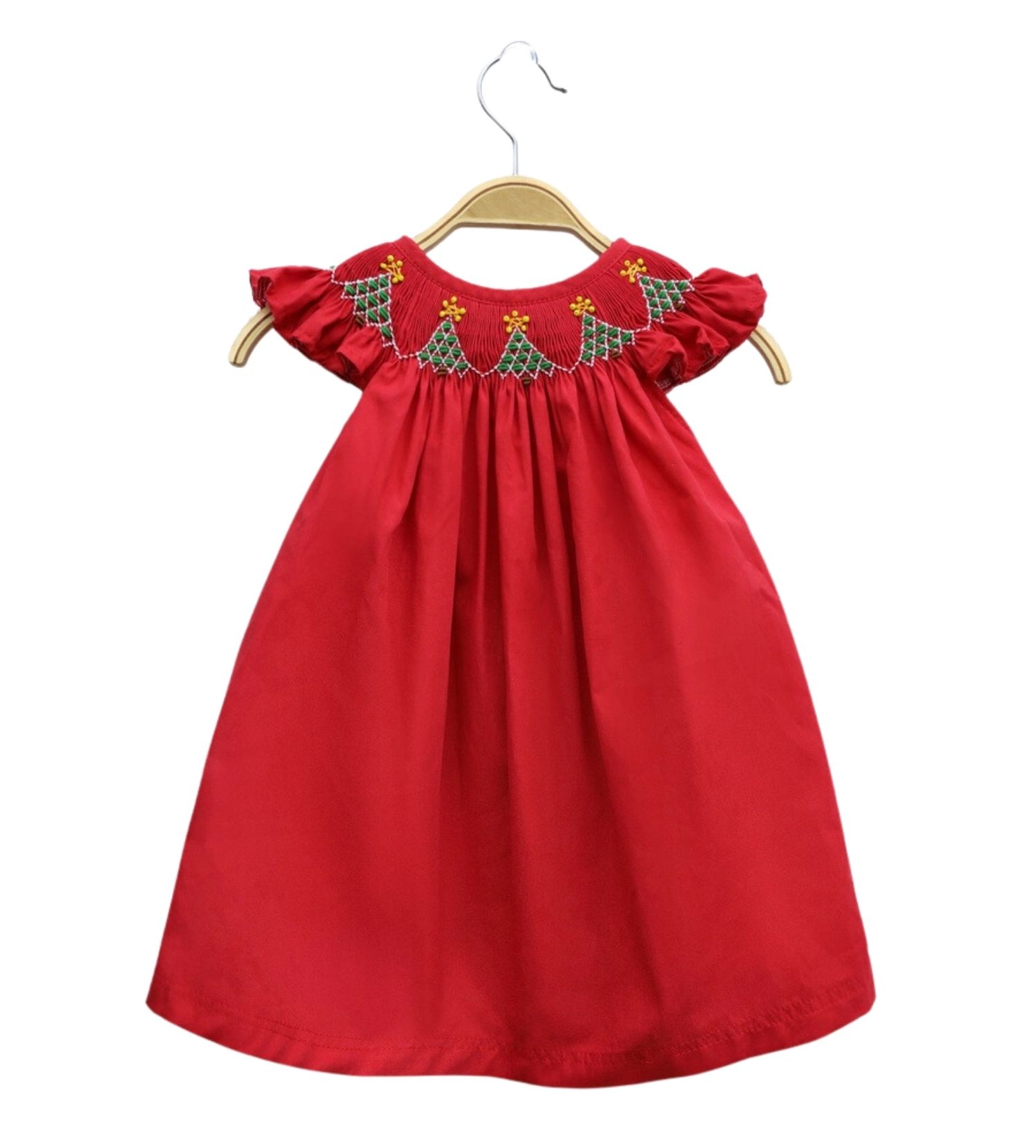 Red Smocked Bishop Dress with Christmas Trees