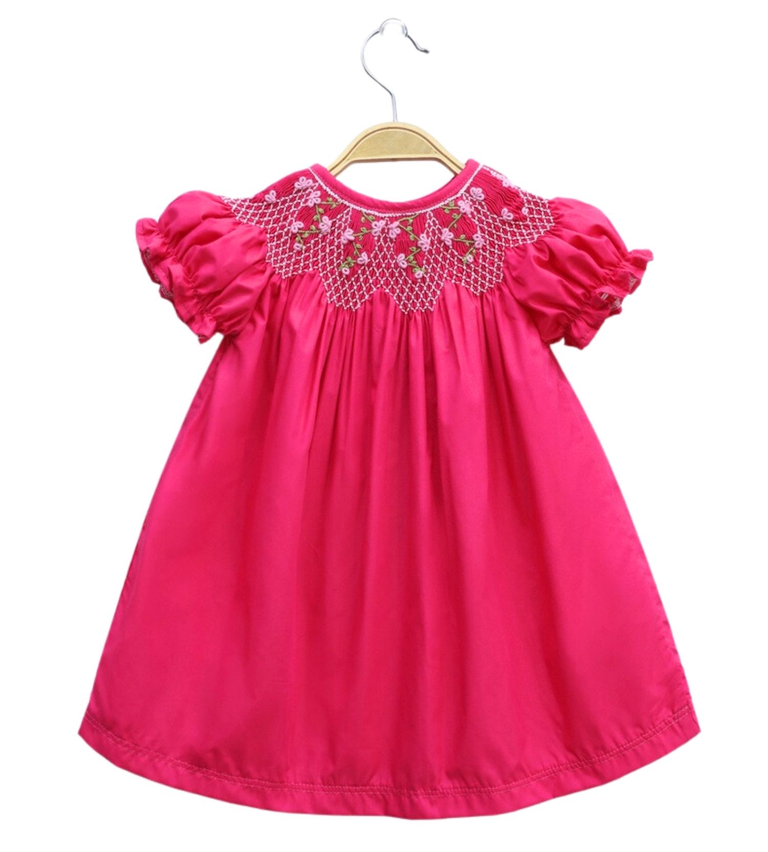 Bright Pink Smocked Bishop Dress with Tiny Flowers