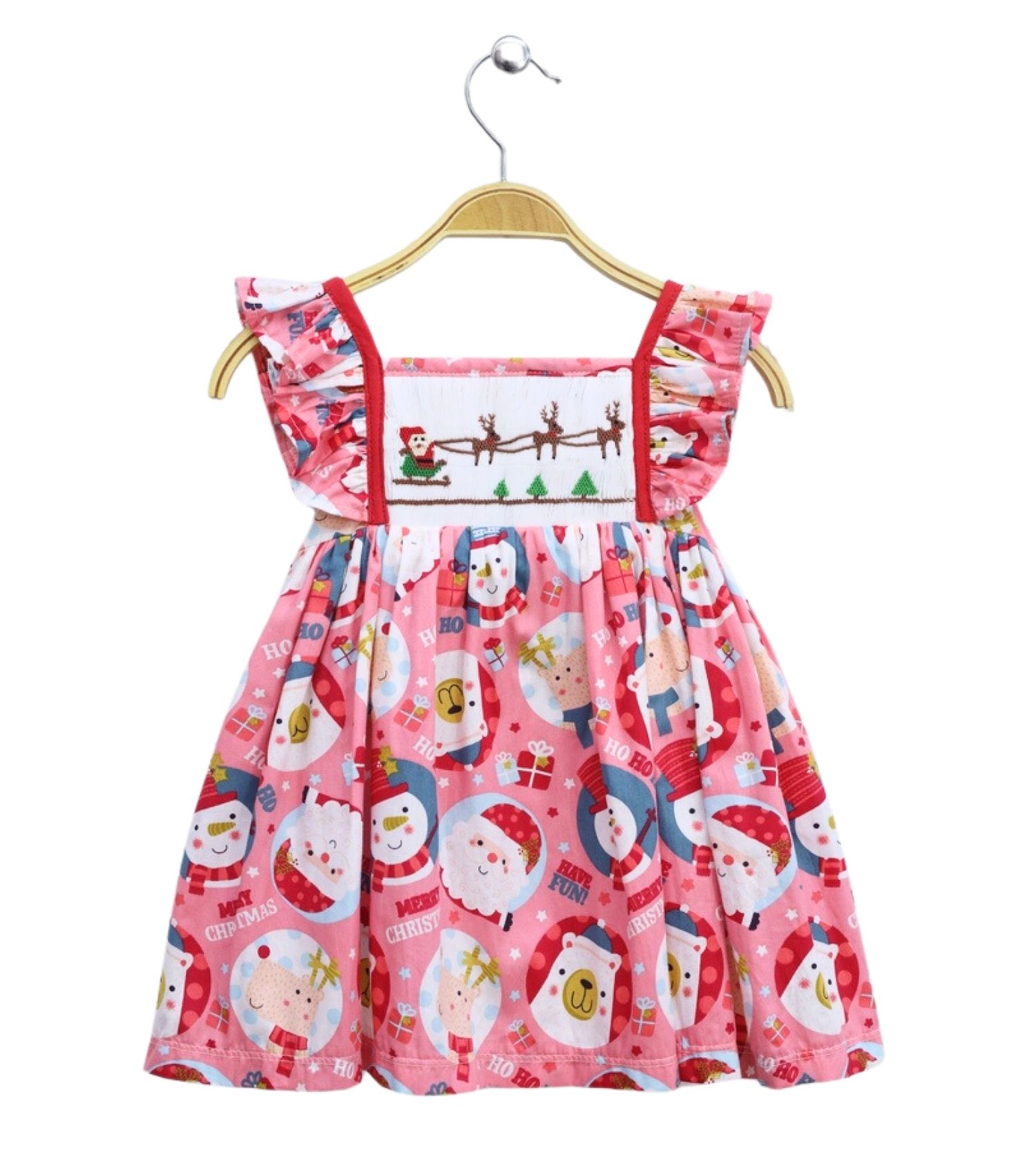 Smocked Sundress with Santa Claus and Reindeer in the sky