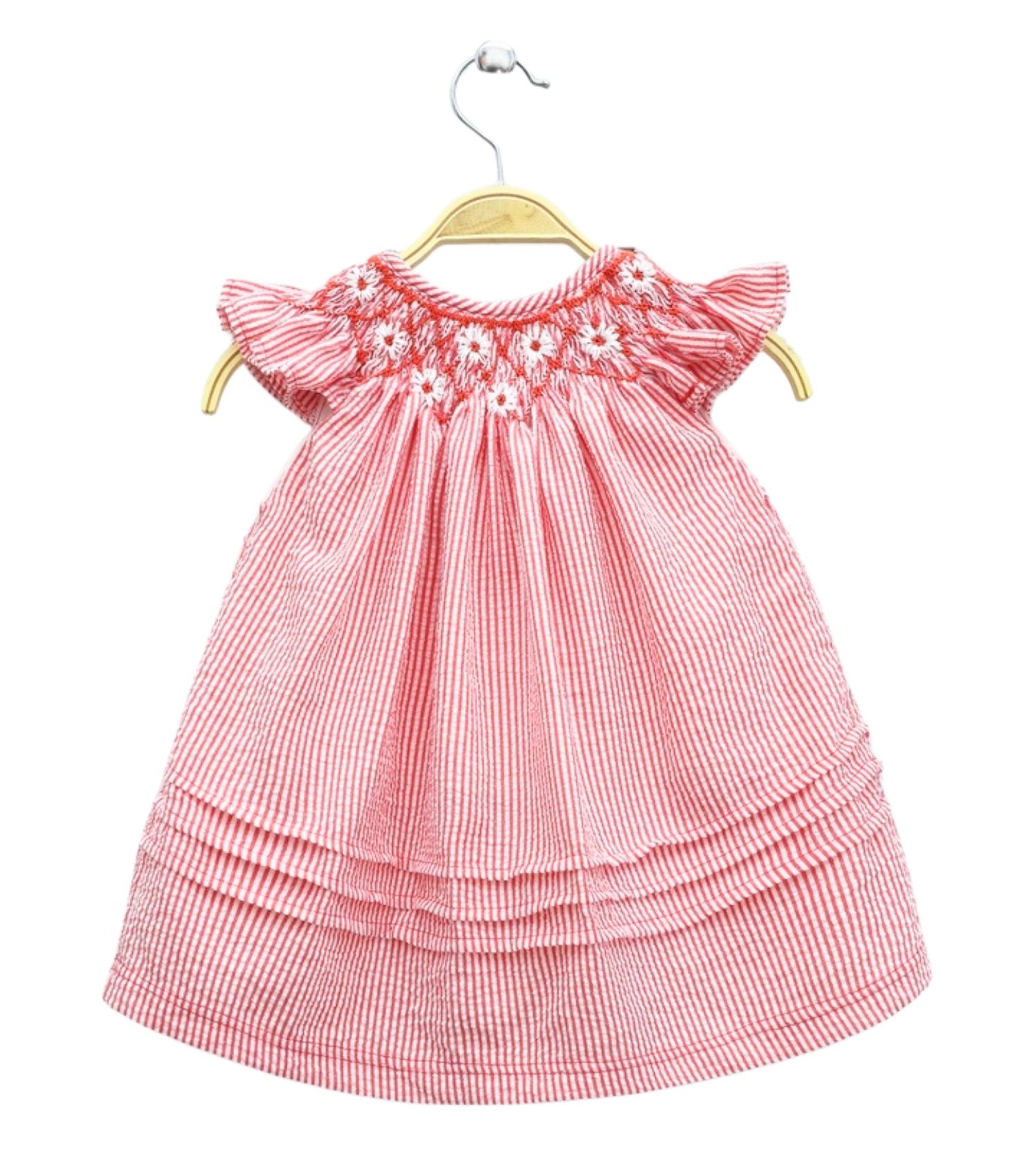 Red Stripes Smocked Dress with White Daisy Embroidery