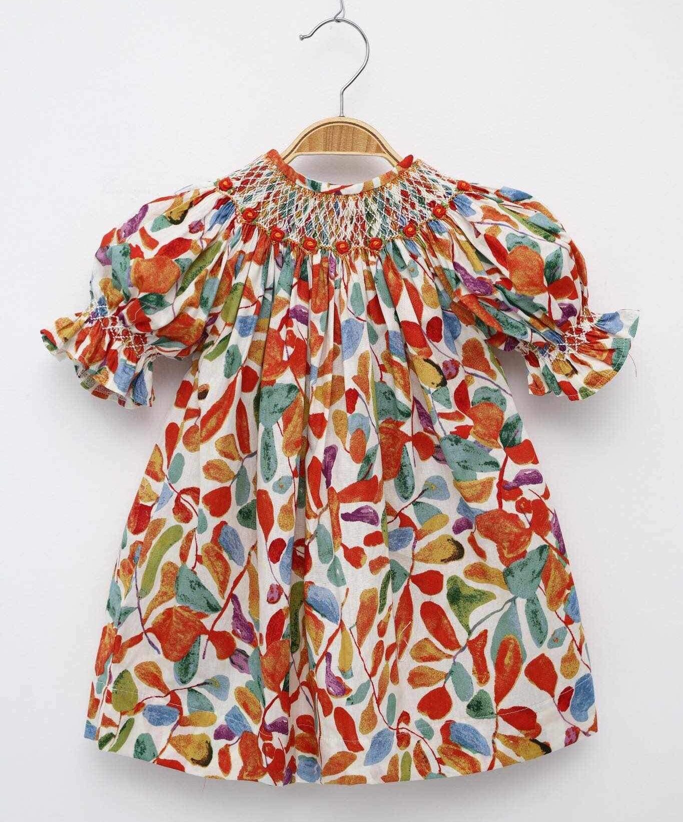 Smock Geometric Dress With a Brightly Colored Leaf Pattern