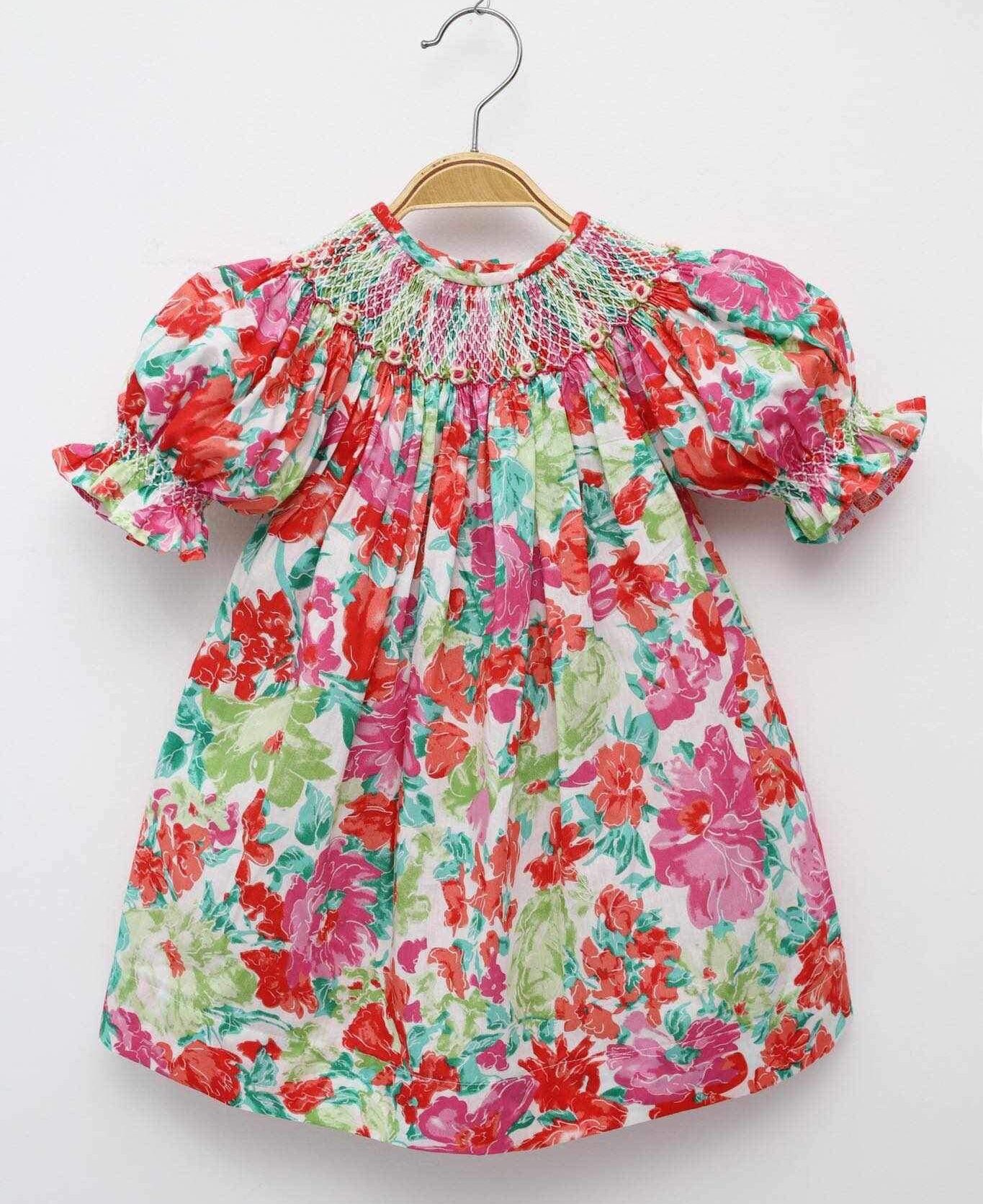 Geometric Smocked Dress With Bright Floral Pattern In Spring