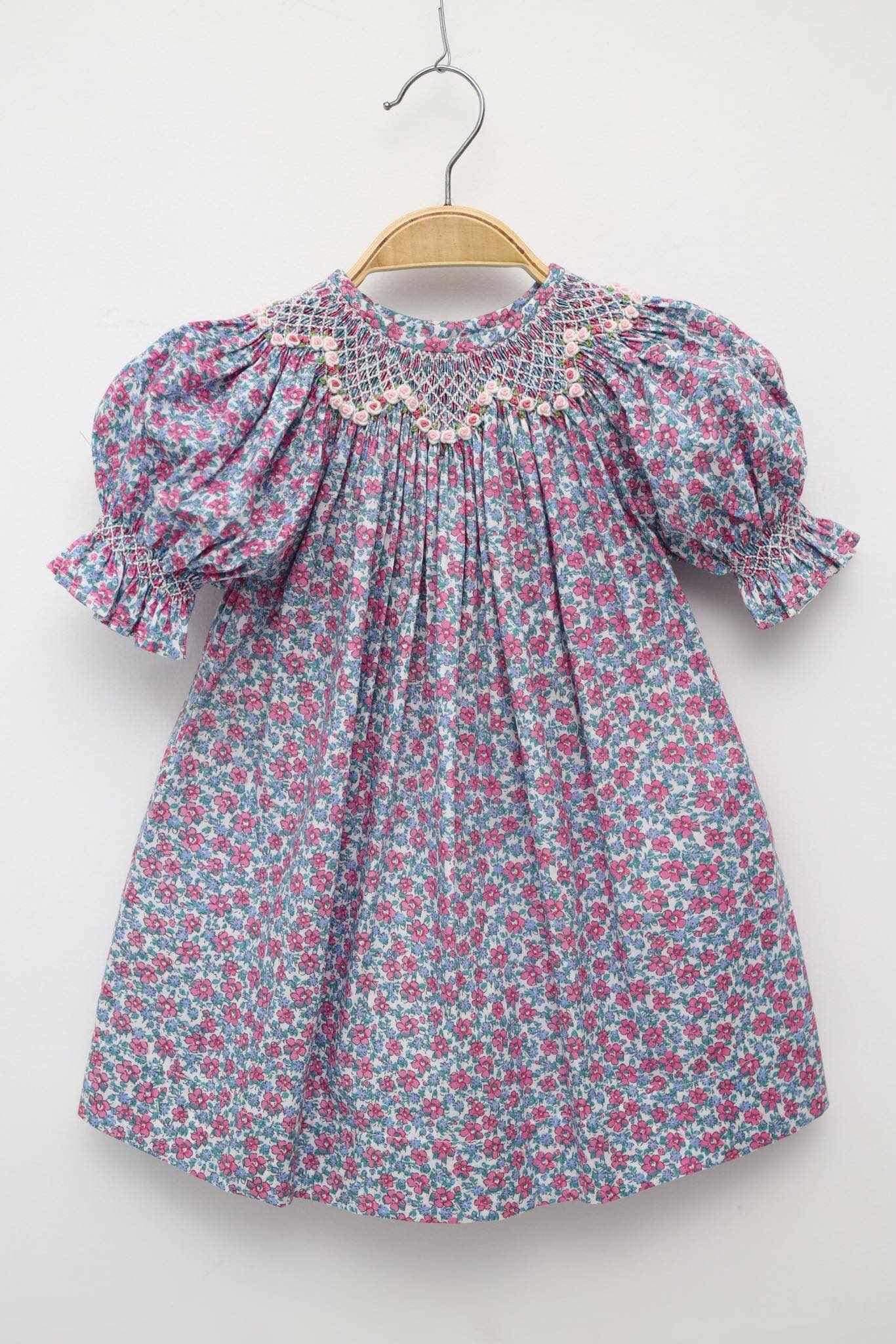 Classic Purple Floral Smocked Dress with Stylized Sleeves