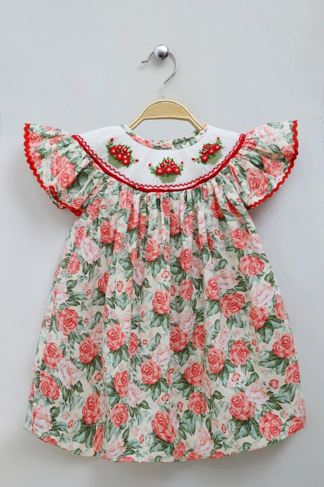 Smocked Bishop Dress Embroidered Rose Basket