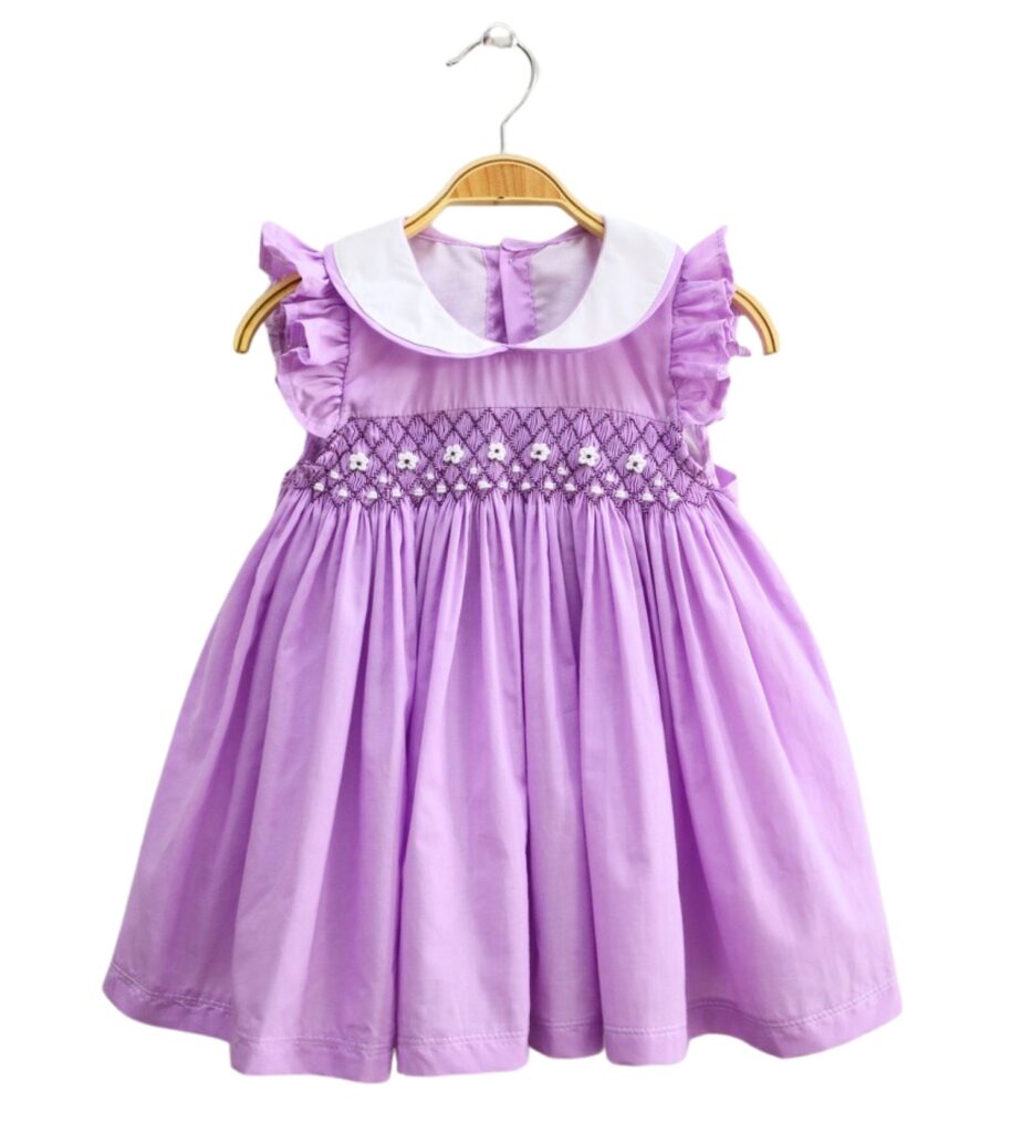 Smocked Sleeveless Purple Floral Embroidered Mini Dress