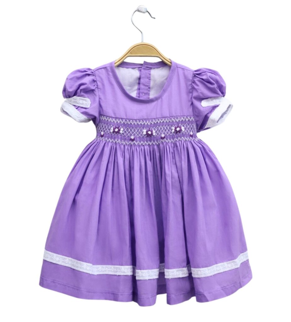 Smocked Shortsleeve Purple Floral Embroidery Mini Dress