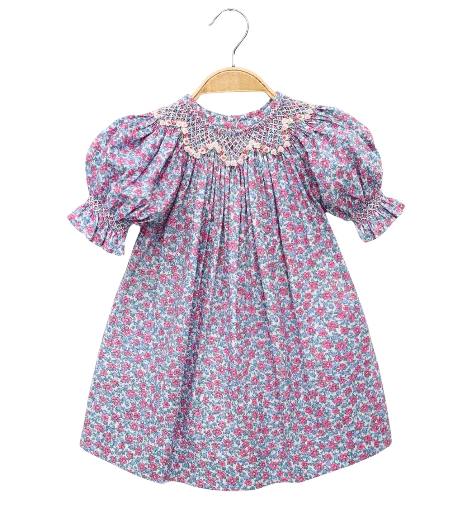 Classic Purple Floral Smocked Dress with Stylized Sleeves