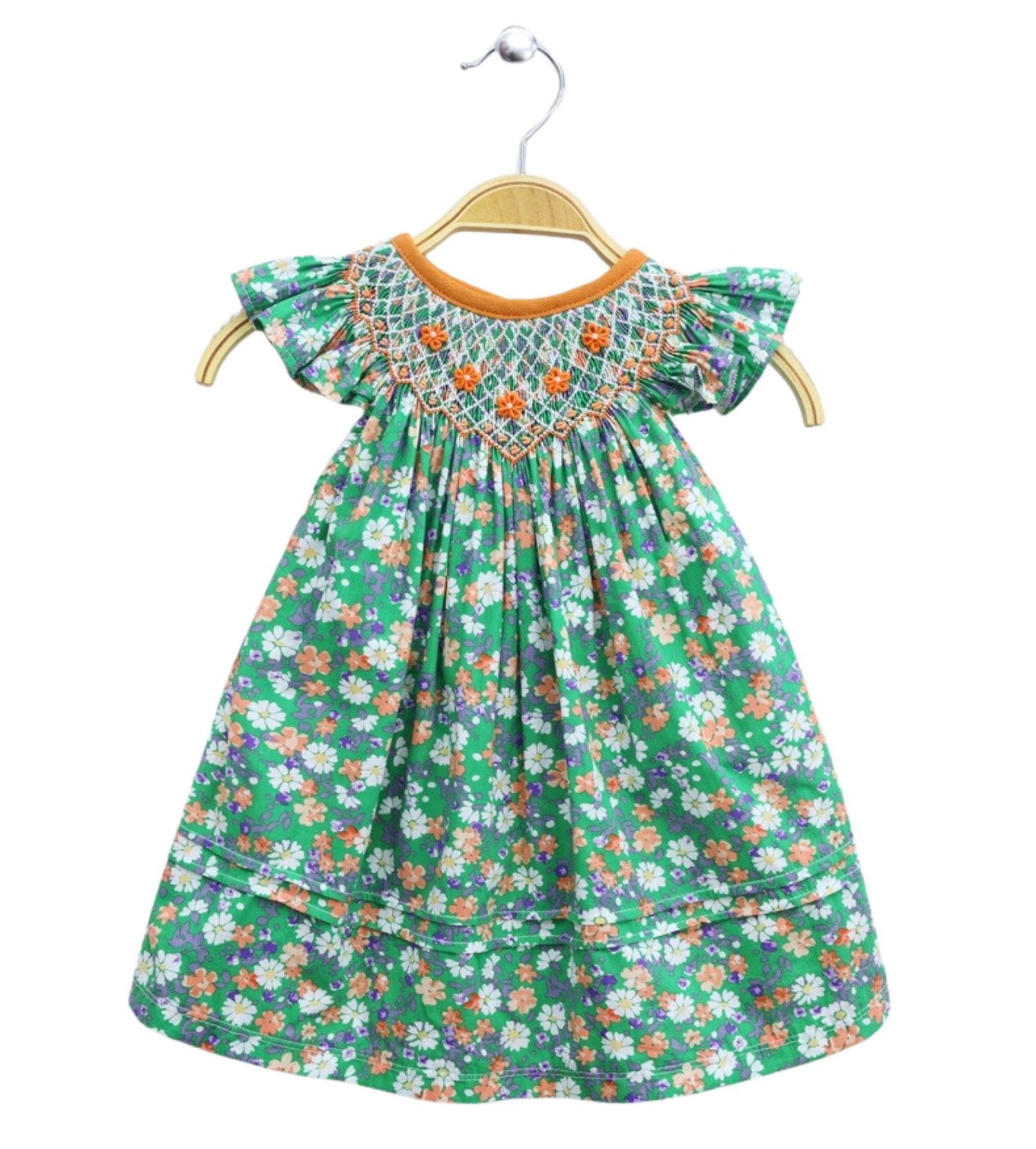 Bishop Smocked Dress Green Chrysanthemum Field Dress