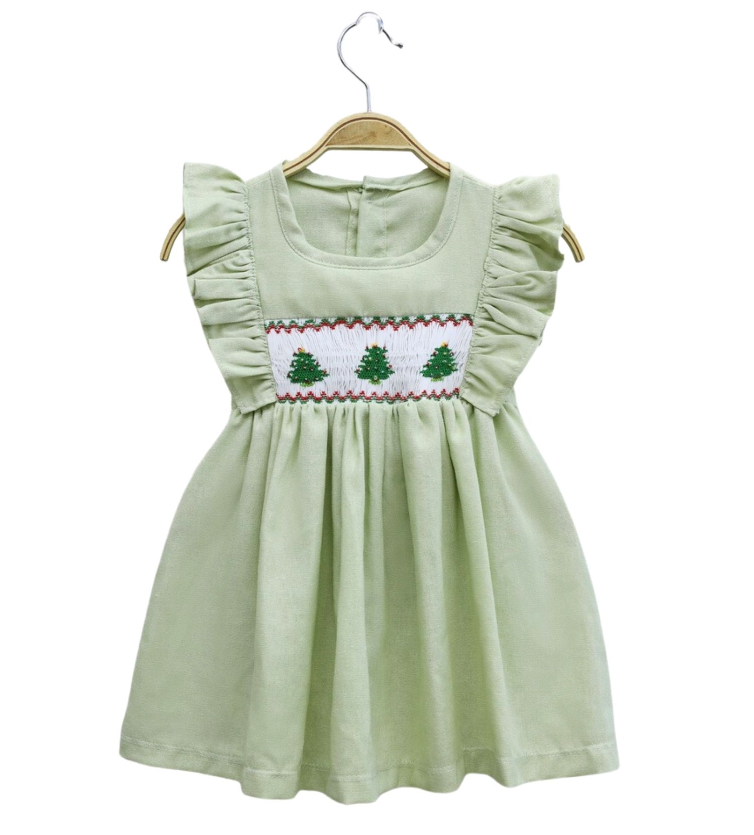 Smocked Sleeveless Green Pine Bishop Dress