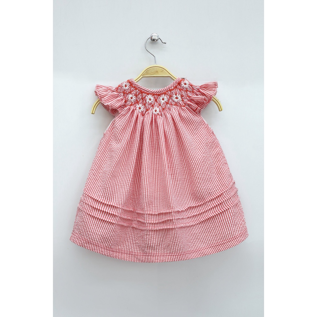 Red Stripes Smocked Dress with White Daisy Embroidery