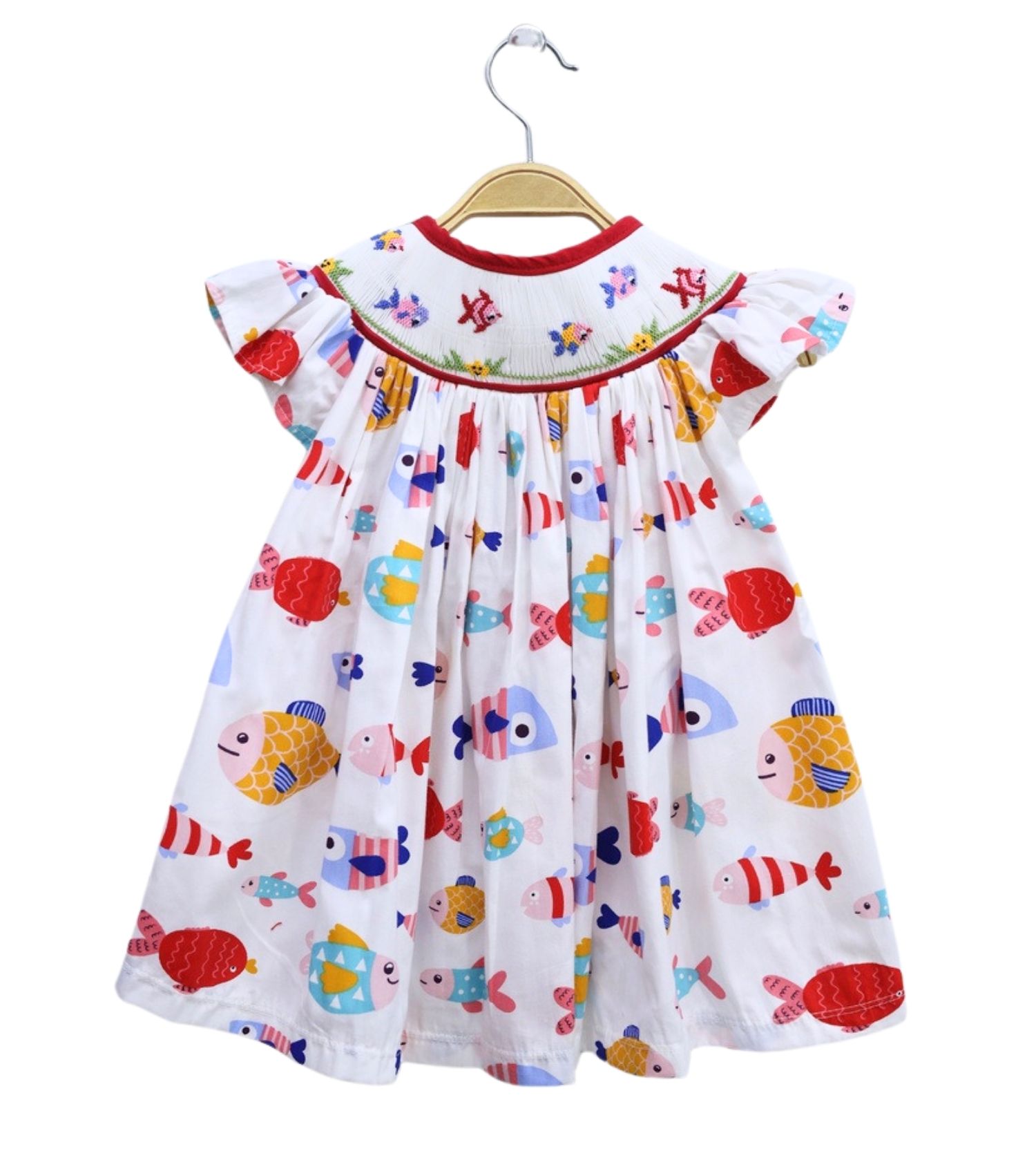 Smocked Bishop Dress Colorful Fish Pattern