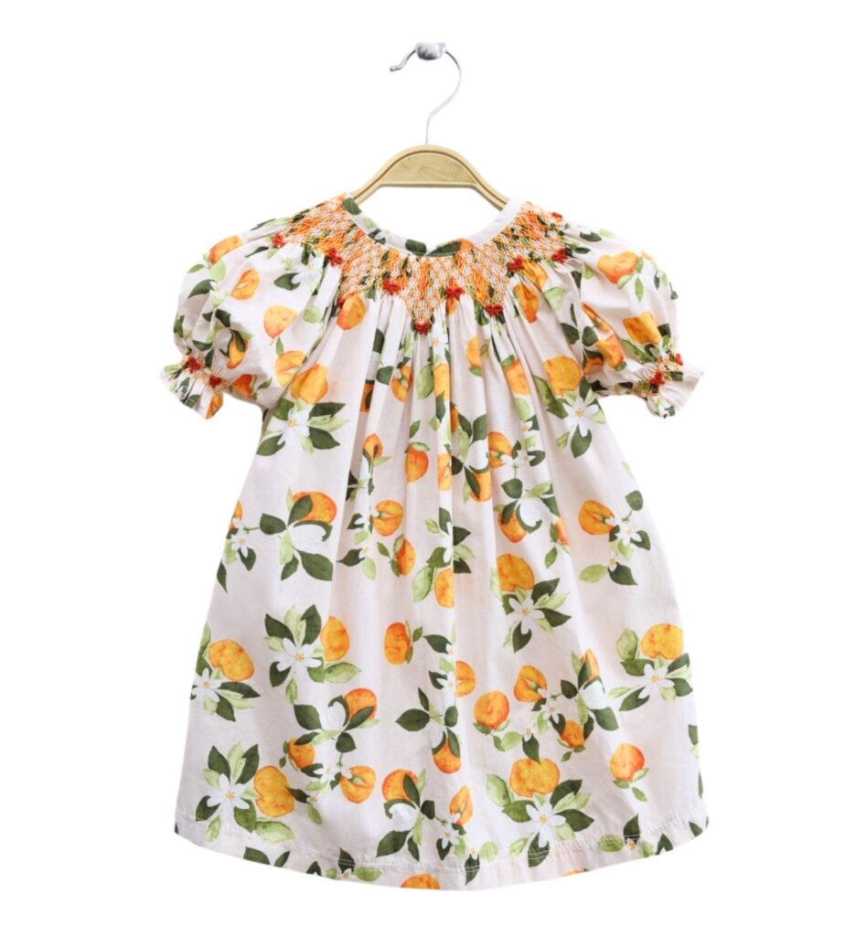 Smocked Bishop Dress Floral & Orange Printed Fabric