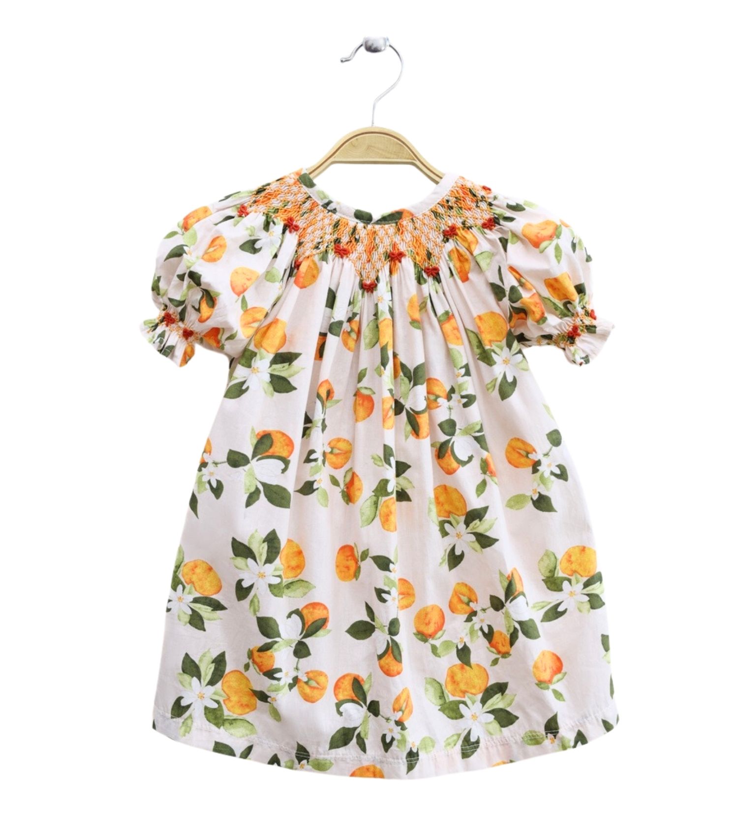 Smocked Bishop Dress Floral & Orange Printed Fabric