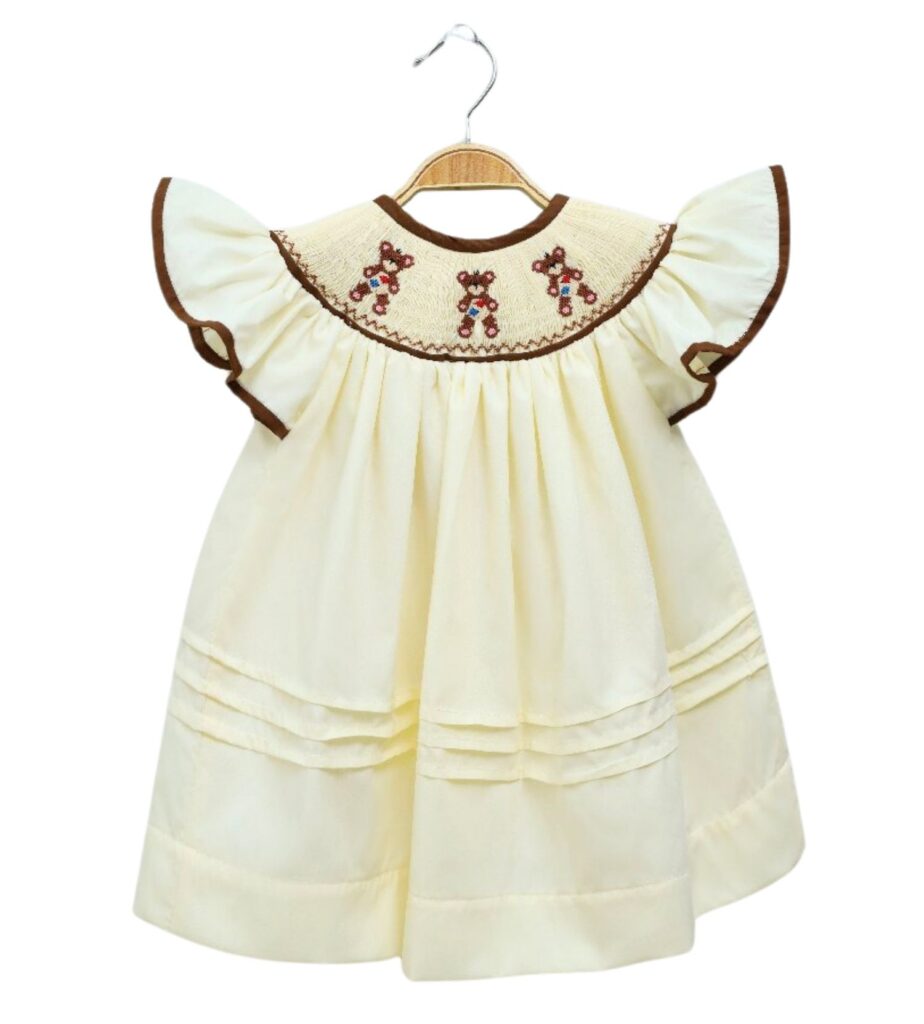 Girl Smocked Dress with Cute Bear Patterns