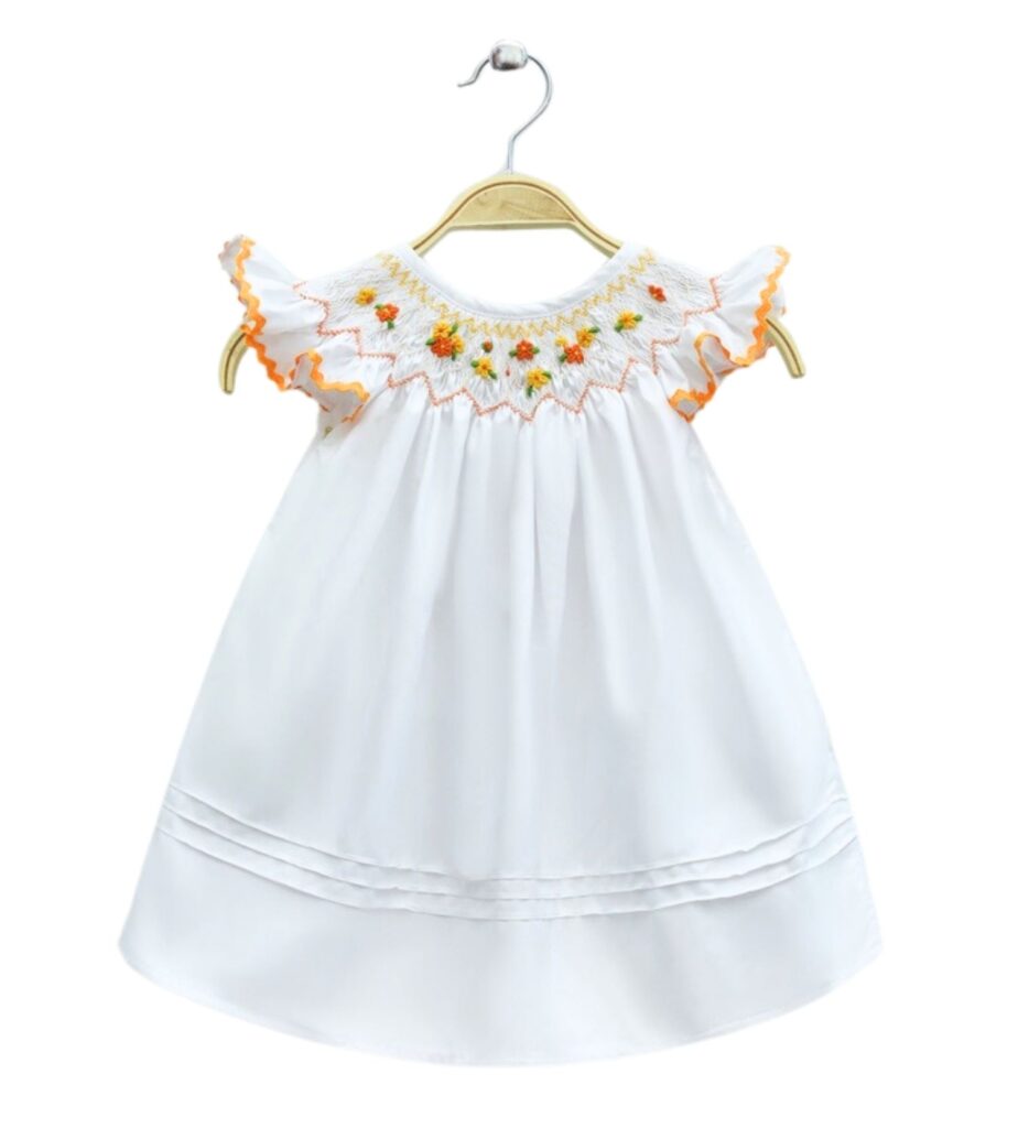 Girl Smocked Dress with Orange Yellow Flower Patterns