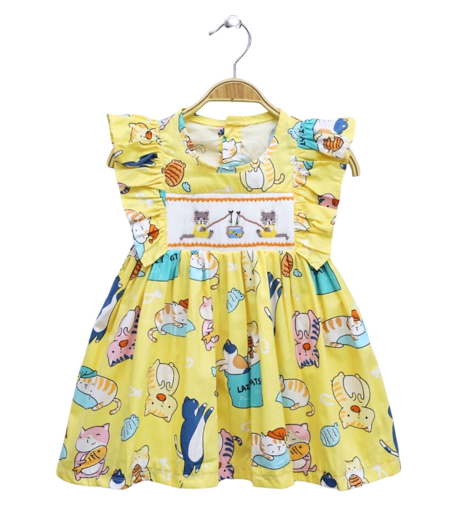 Cute Smocked Dress with Cat Motifs