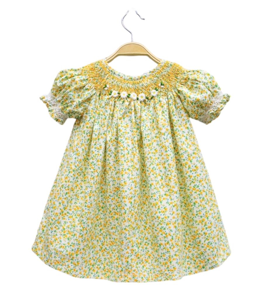 Girl Smocked Dress with Yellow Flower Motifs