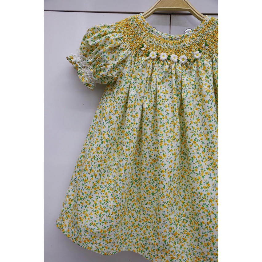 Girl Smocked Dress with Yellow Flower Motifs