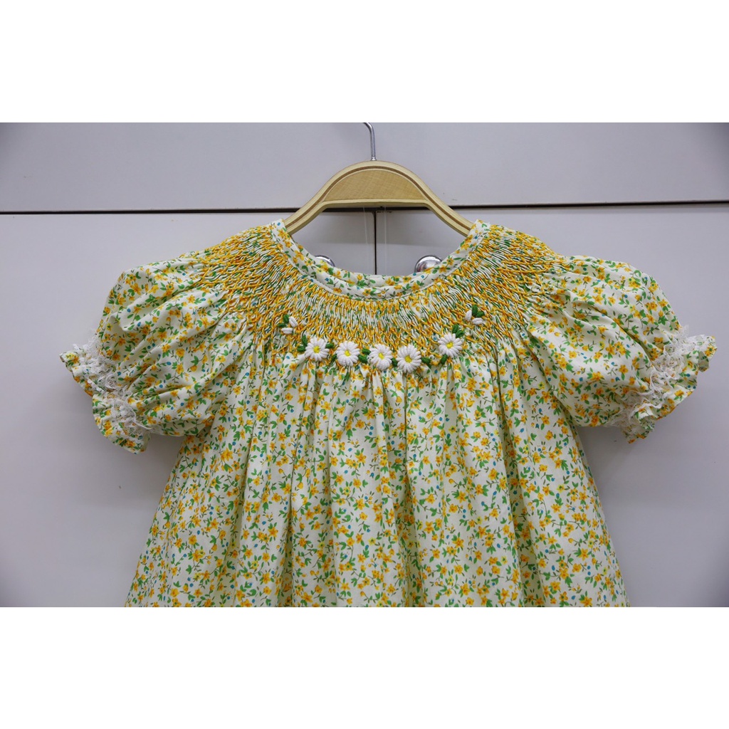 Girl Smocked Dress with Yellow Flower Motifs