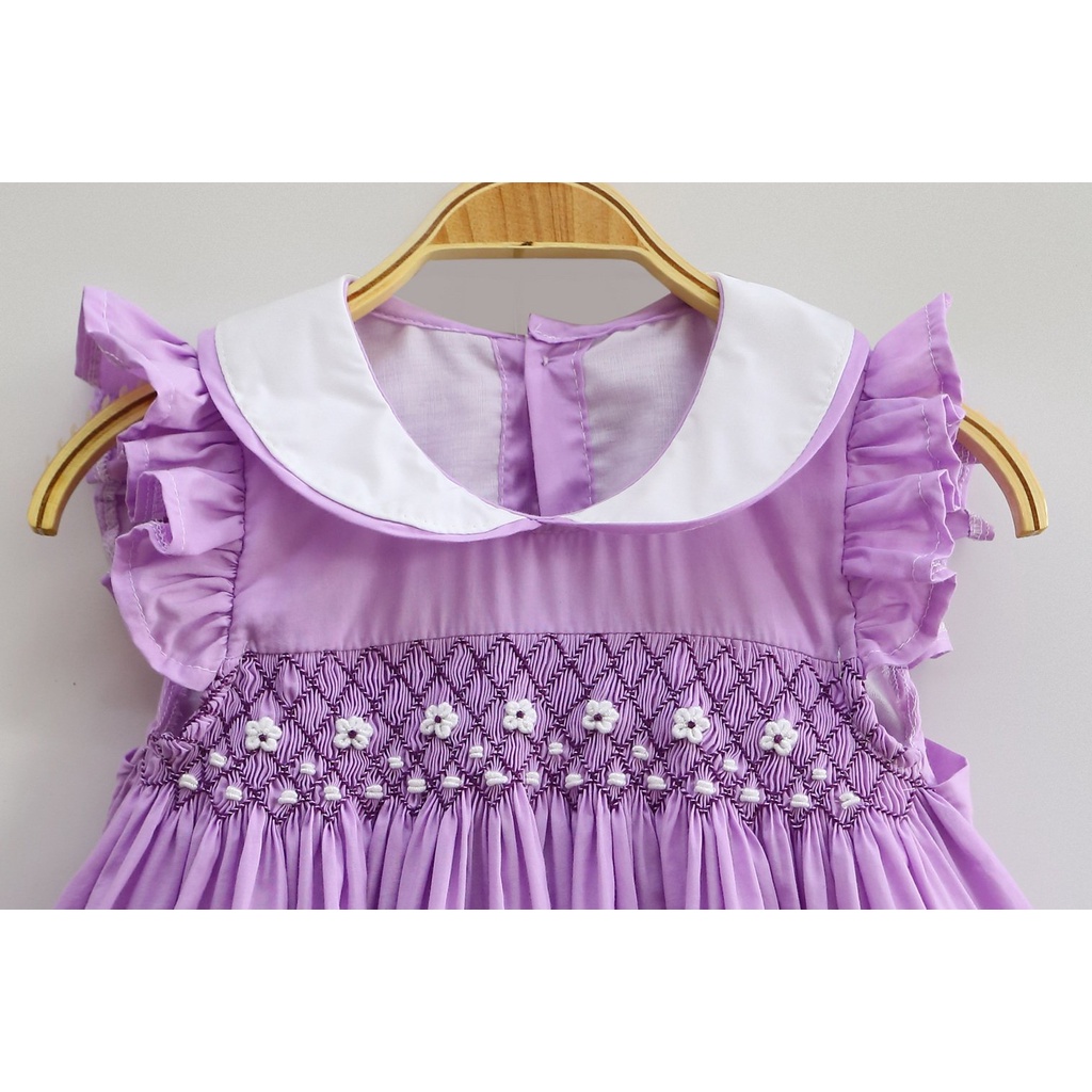 Smocked Sleeveless Purple Floral Embroidered Mini Dress