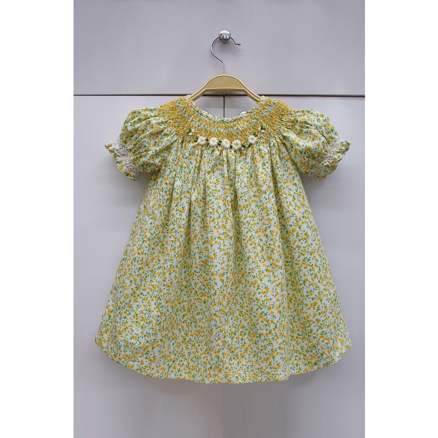 Girl Smocked Dress with Yellow Flower Motifs