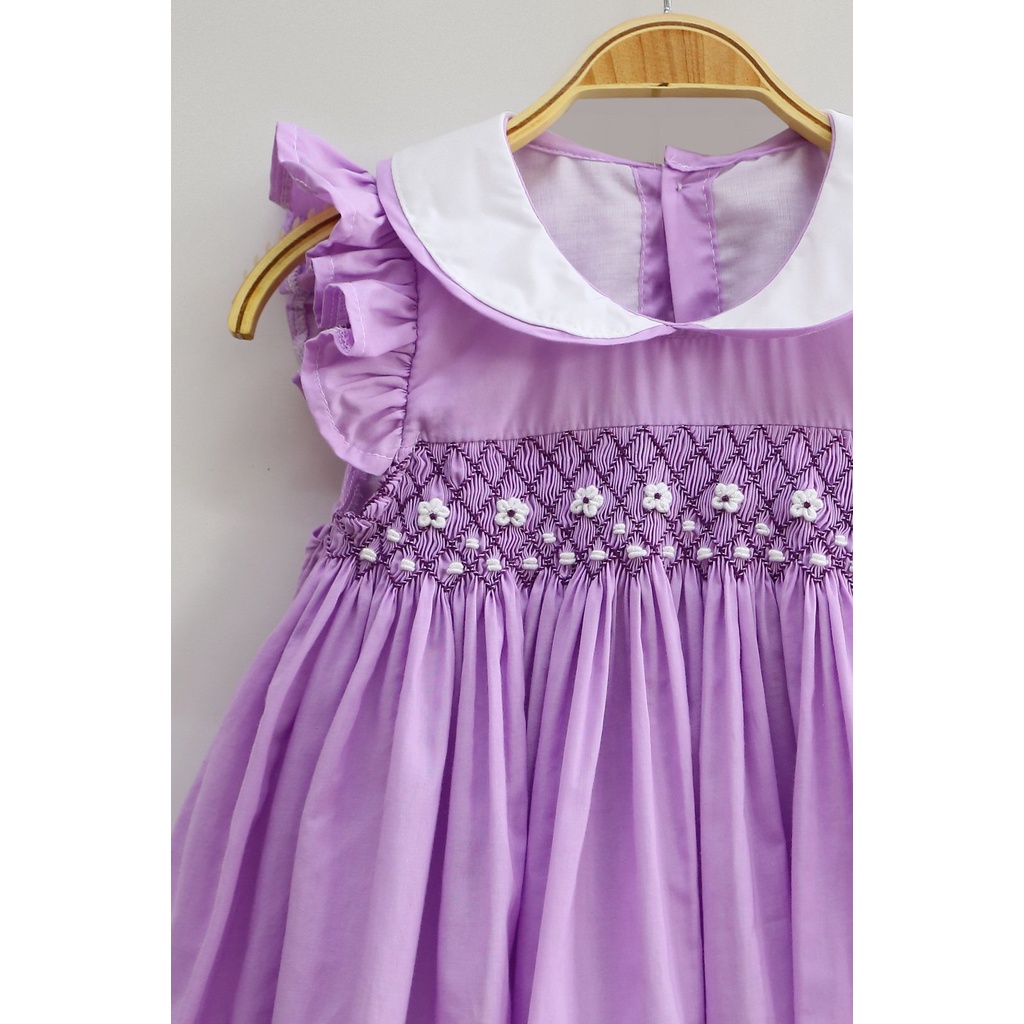 Smocked Sleeveless Purple Floral Embroidered Mini Dress