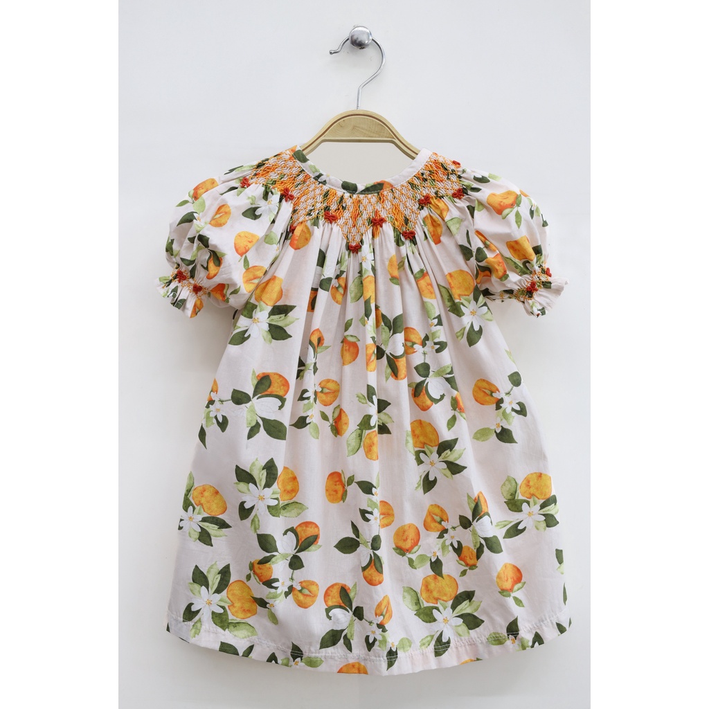 Smocked Bishop Dress Floral & Orange Printed Fabric