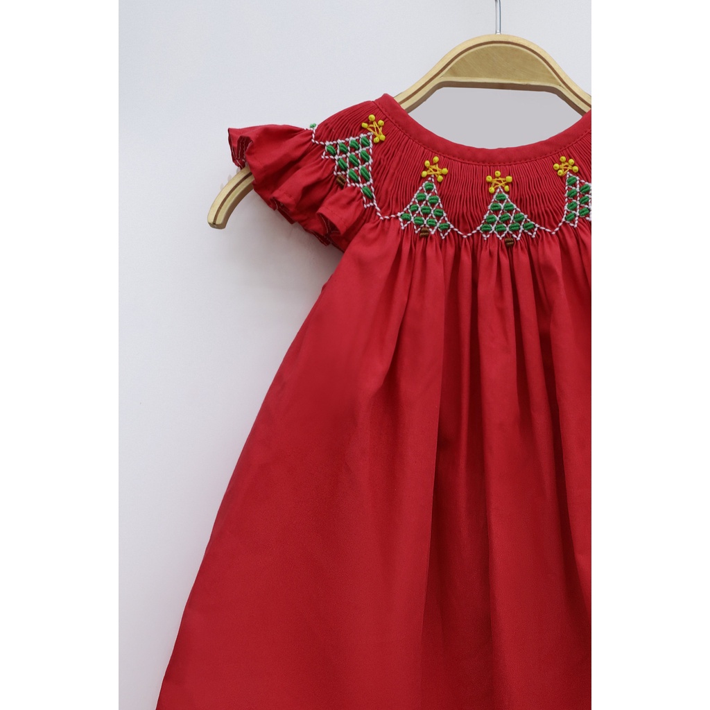 Red Smocked Bishop Dress with Christmas Trees