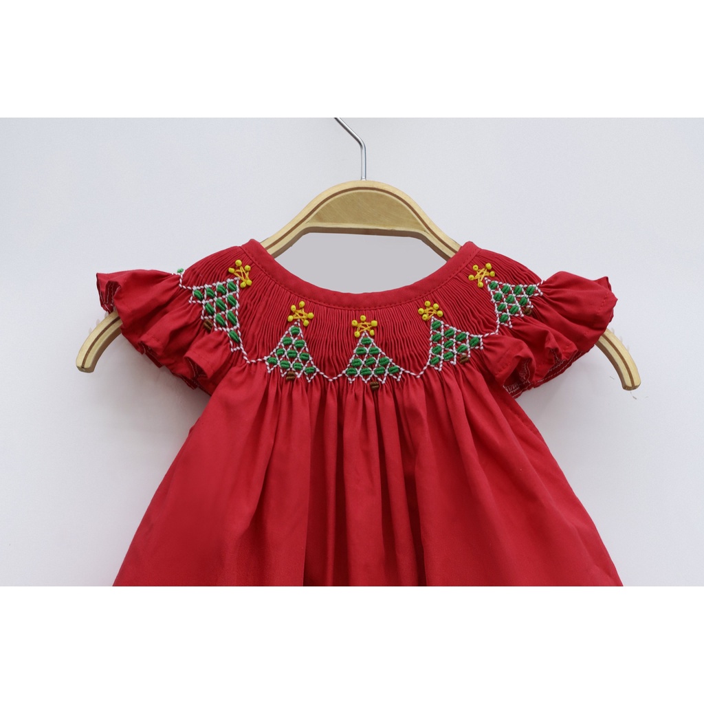 Red Smocked Bishop Dress with Christmas Trees