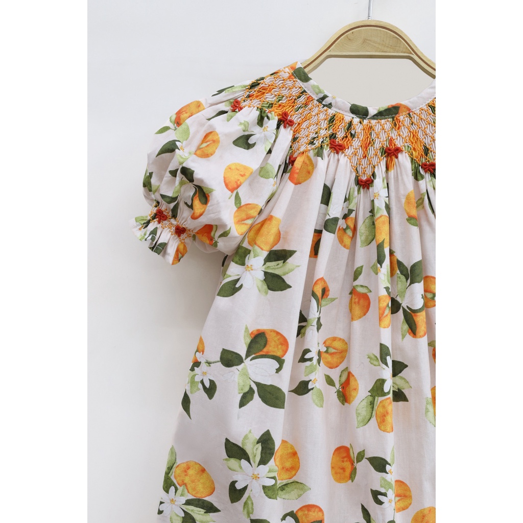 Smocked Bishop Dress Floral & Orange Printed Fabric