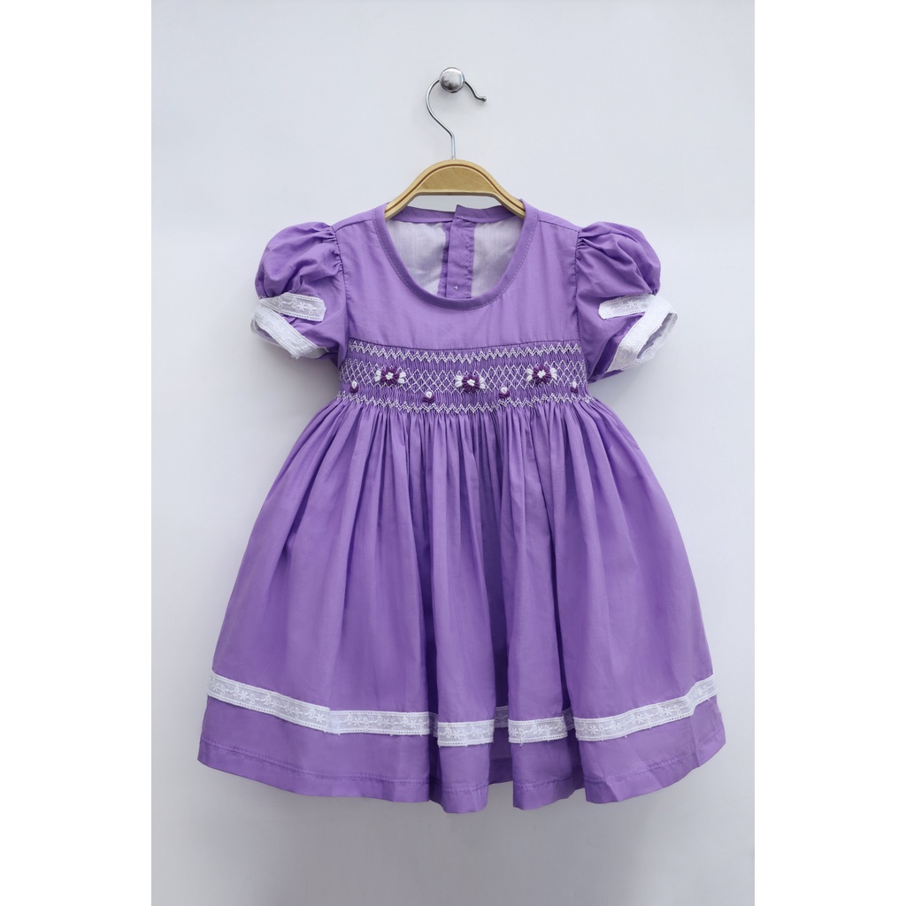 Smocked Shortsleeve Purple Floral Embroidery Mini Dress