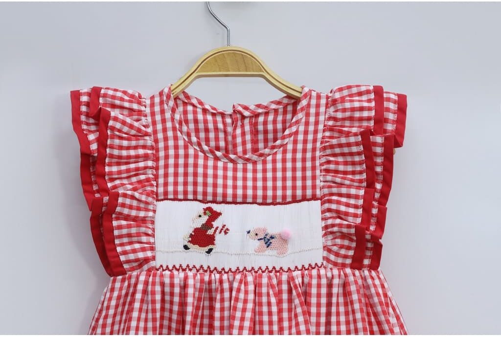 Red striped sundress dress with an old man and a bear motifs