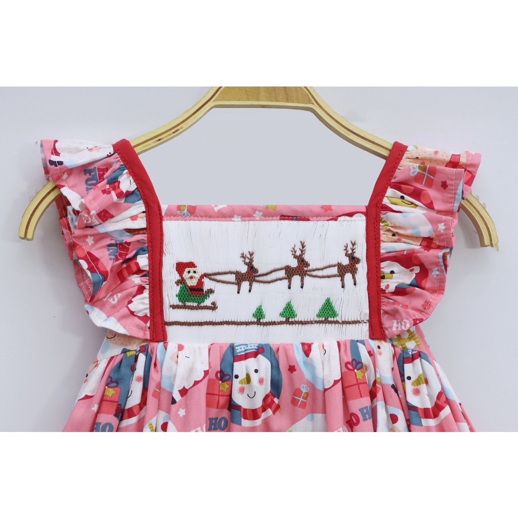 Smocked Sundress with Santa Claus and Reindeer in the sky