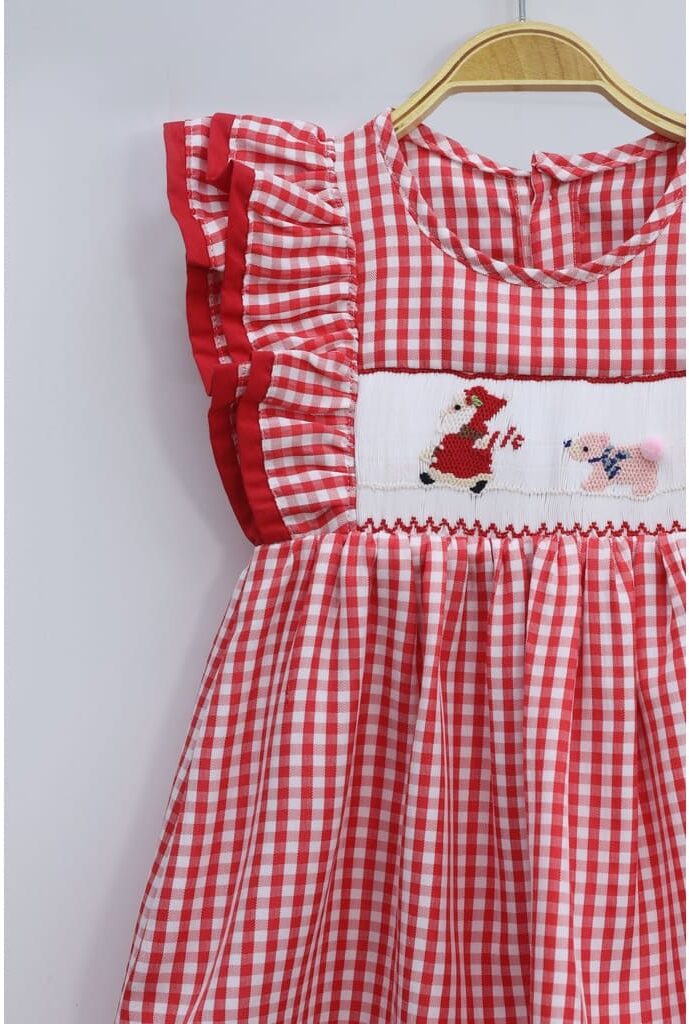 Red striped sundress dress with an old man and a bear motifs