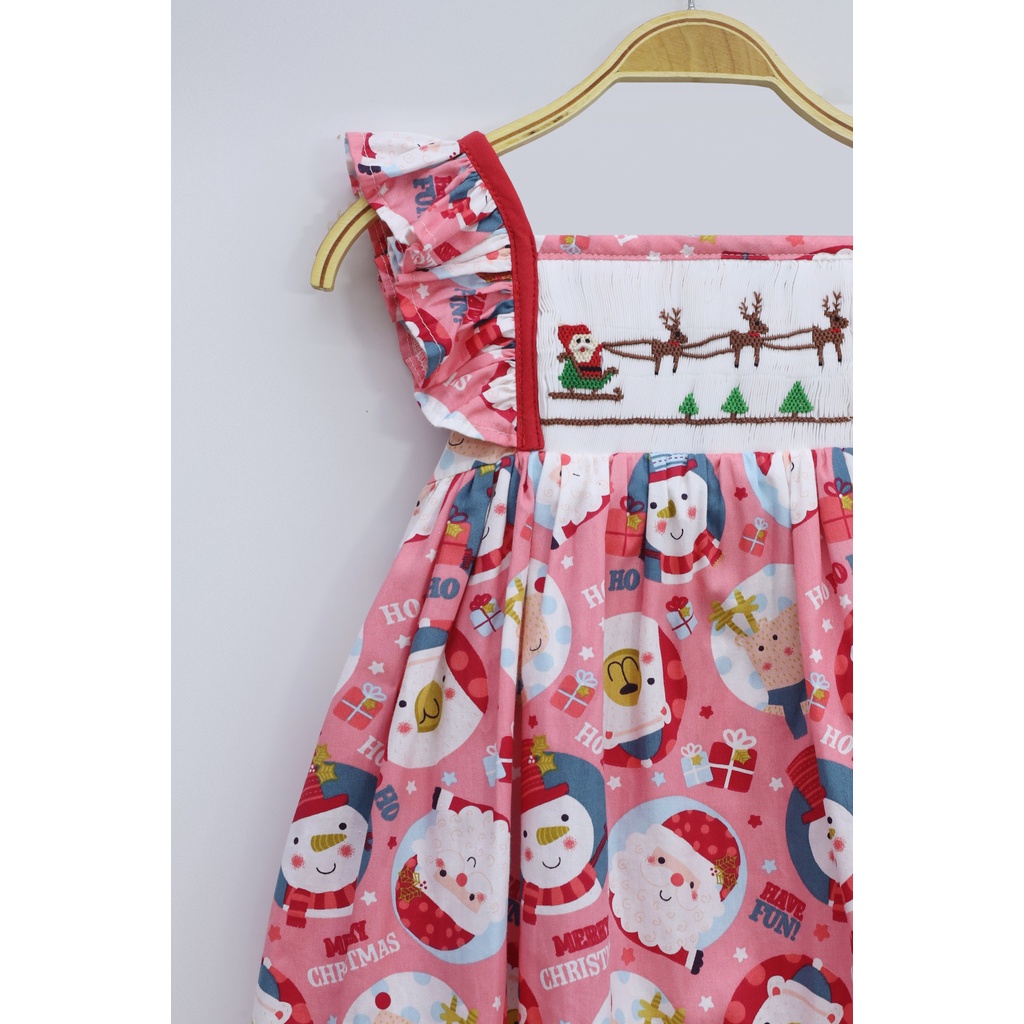 Smocked Sundress with Santa Claus and Reindeer in the sky